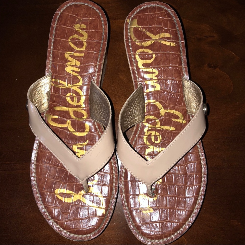 SAM EDELMAN Nude Patent Leather Cork Wedges